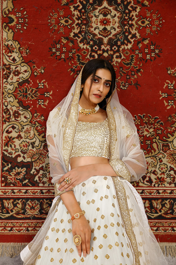 Festive Wear Lehenga Choli White in Net with Sequins Embroidery And Dupatta