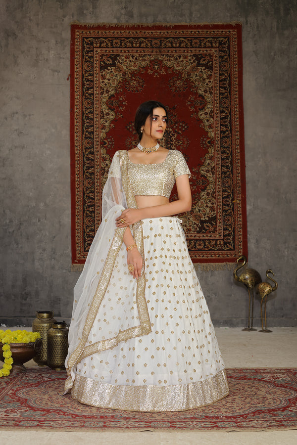 Festive Wear Lehenga Choli White in Net with Sequins Embroidery And Dupatta