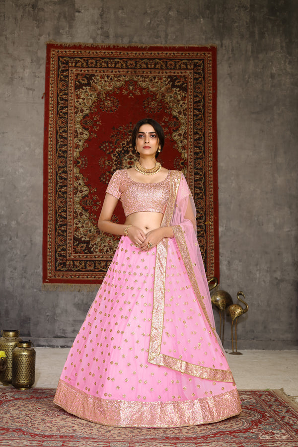 Festive Wear Lehenga Choli Pink in Net with Sequins Embroidery And Dupatta