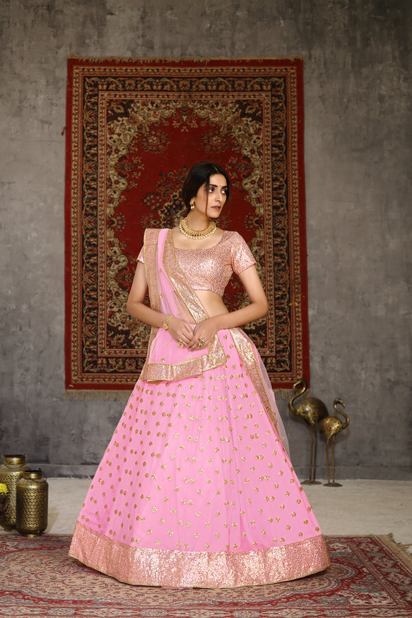 Festive Wear Lehenga Choli Pink in Net with Sequins Embroidery And Dupatta