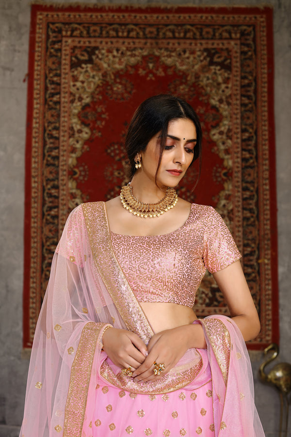Festive Wear Lehenga Choli Pink in Net with Sequins Embroidery And Dupatta