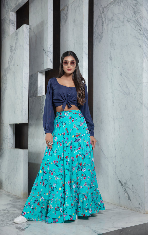 Elegant Navy Blue Rayon fancy And Printed Crop Top Lehenga