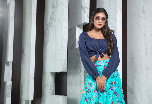 Elegant Navy Blue Rayon fancy And Printed Crop Top Lehenga