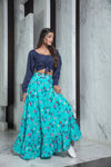 Elegant Navy Blue Rayon fancy And Printed Crop Top Lehenga