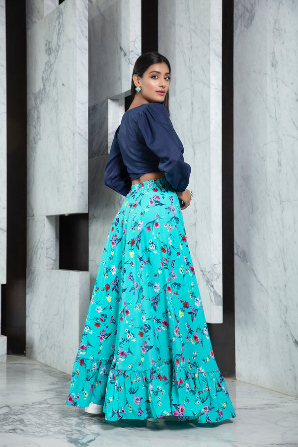 Elegant Navy Blue Rayon fancy And Printed Crop Top Lehenga