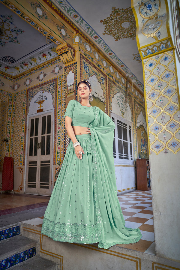Festive Wear Pista Georgette Lehenga Choli with Thread & Sequins Embroidery