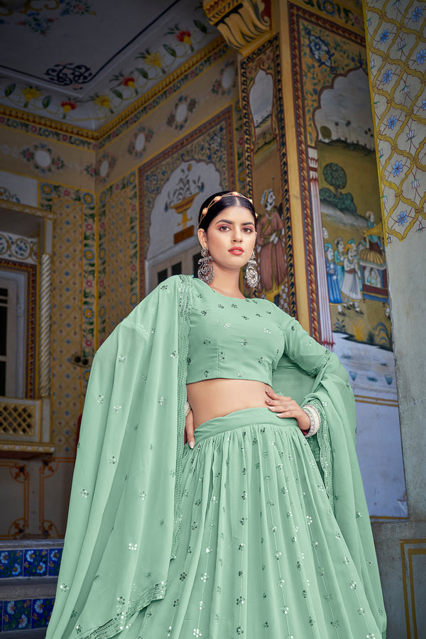 Festive Wear Pista Georgette Lehenga Choli with Thread & Sequins Embroidery