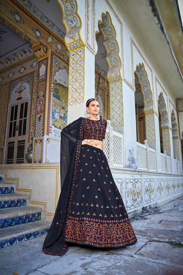 Navy Blue Georgette Festive Wear Lehenga Choli with Thread & Sequins Embroidery Work