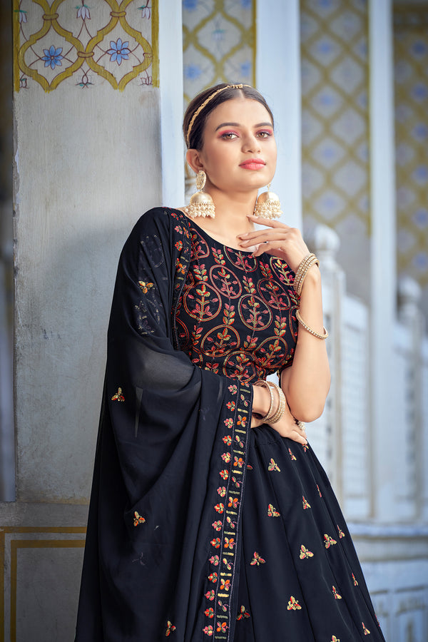 Navy Blue Georgette Festive Wear Lehenga Choli with Thread & Sequins Embroidery Work