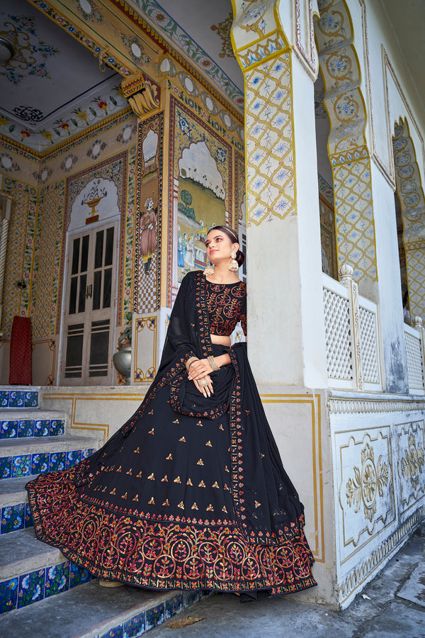 Navy Blue Georgette Festive Wear Lehenga Choli with Thread & Sequins Embroidery Work