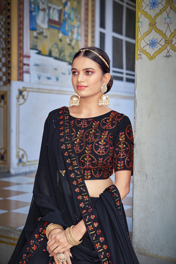 Navy Blue Georgette Festive Wear Lehenga Choli with Thread & Sequins Embroidery Work