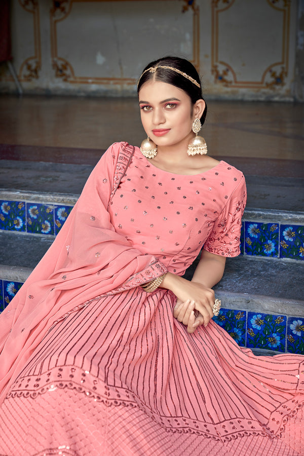 Semi-Stitched Georgette Lehenga with Thread and Sequin Embroidery With Dupatta