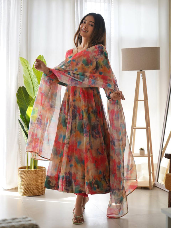 Elegant Tabby Organza Silk Anarkali Set – Fully Stitched with Dupatta & Pant