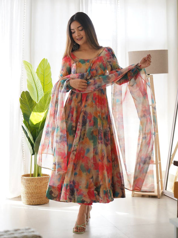 Elegant Tabby Organza Silk Anarkali Set – Fully Stitched with Dupatta & Pant