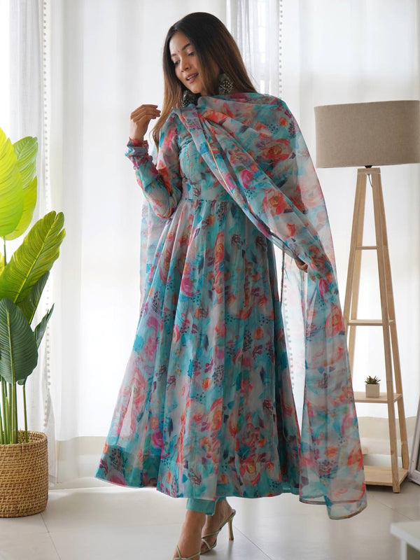 Elegant Tabby Organza Silk Anarkali Set – Fully Stitched with Dupatta & Pant