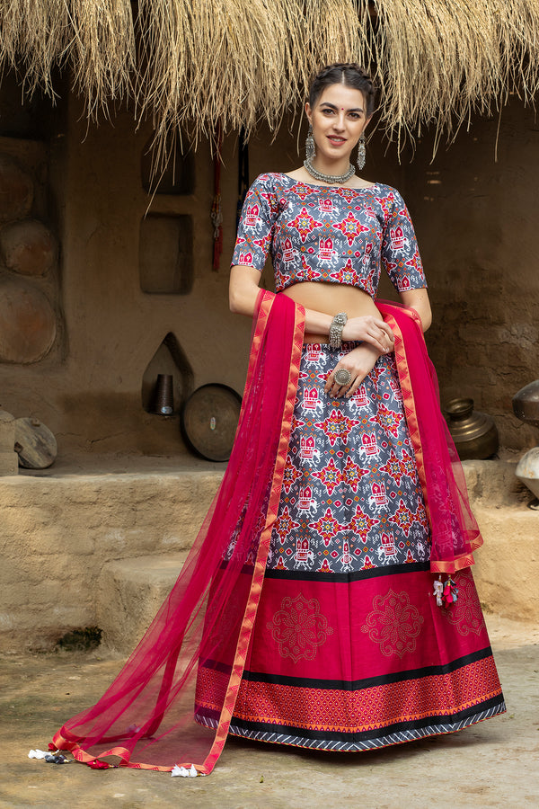 Grey and Magenta Art Silk Lehenga with Printed Design