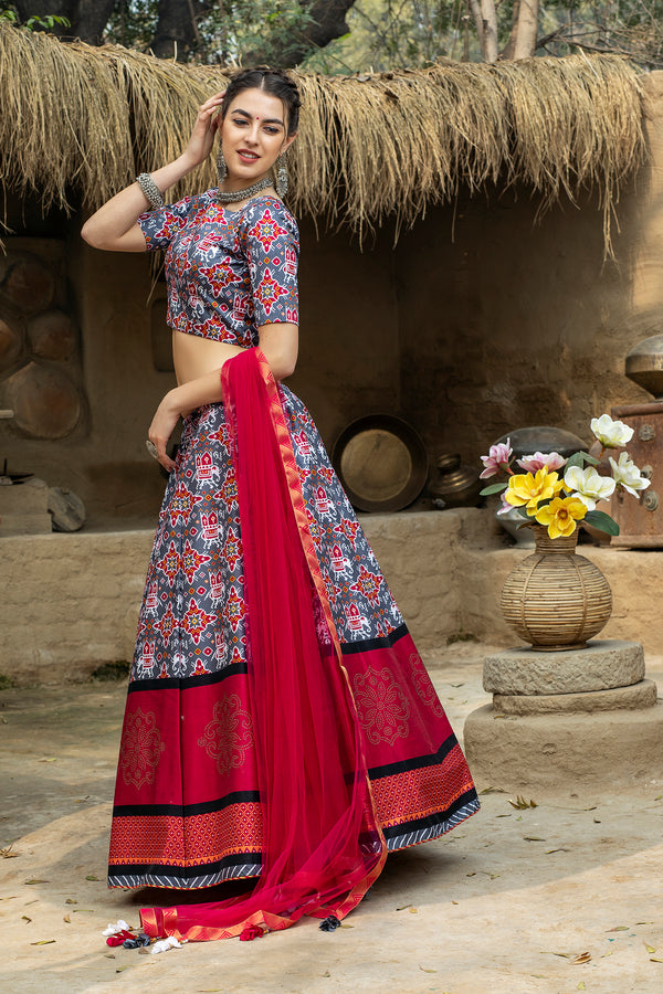 Grey and Magenta Art Silk Lehenga with Printed Design
