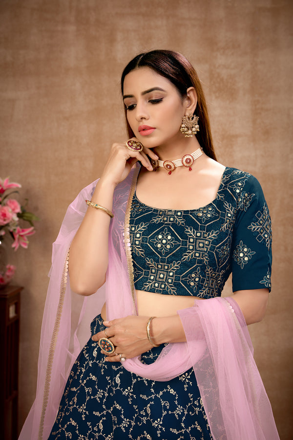 Blue Georgette & Net Lehenga with Metallic Foil & Gota Patti Embroidery