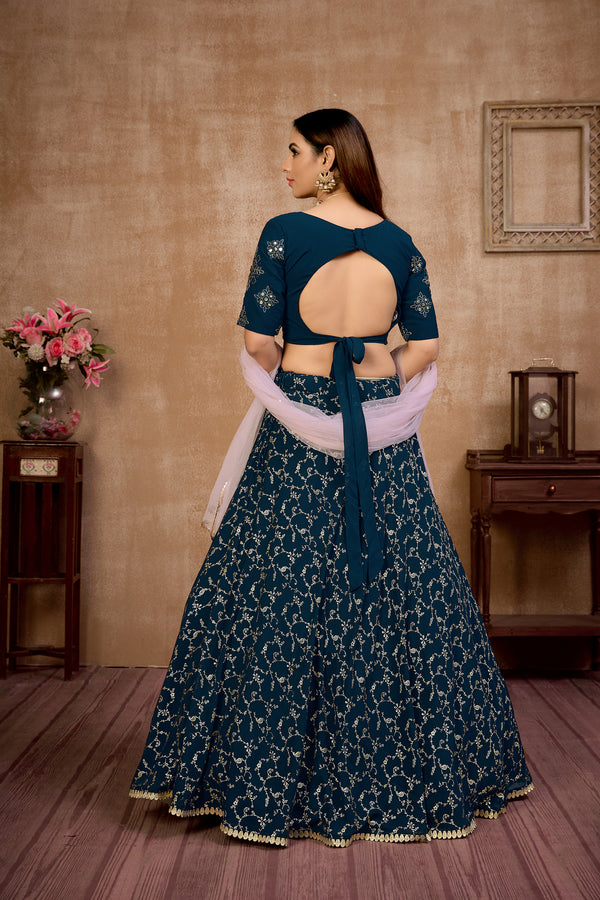 Blue Georgette & Net Lehenga with Metallic Foil & Gota Patti Embroidery