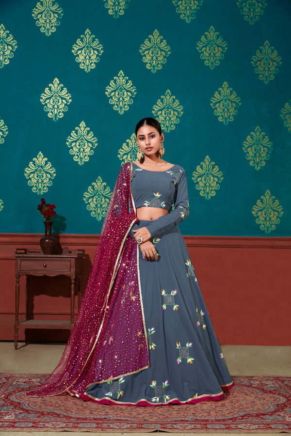 Blue & Magenta Georgette Lehenga with Pigment Foil & Mirror Work