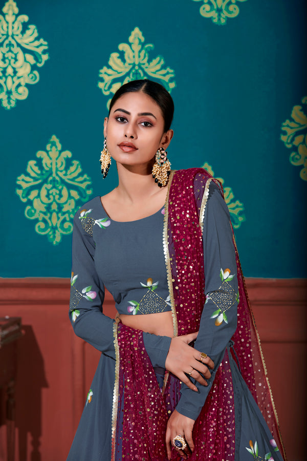Blue & Magenta Georgette Lehenga with Pigment Foil & Mirror Work