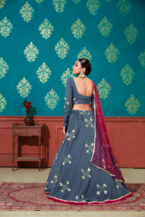 Blue & Magenta Georgette Lehenga with Pigment Foil & Mirror Work