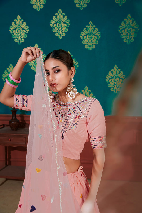 Peach Cotton Lehenga with Thread & Sequin Embroidery Work And Net Dupatta