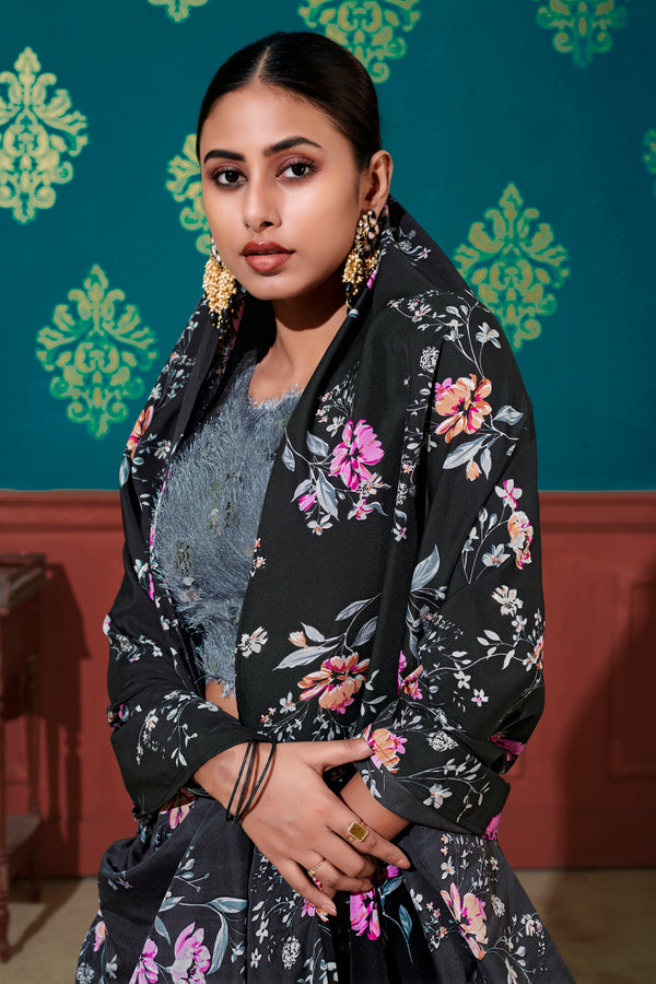 Black & Grey Silk Lehenga with Printed & Sequin Embroidery Work