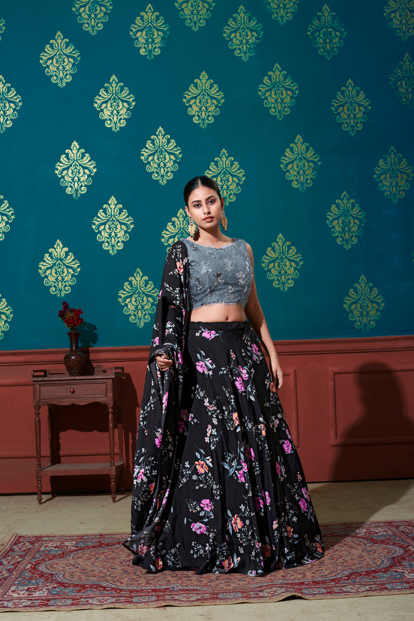 Black & Grey Silk Lehenga with Printed & Sequin Embroidery Work