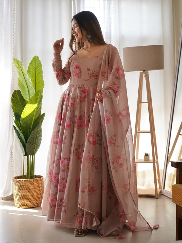 Elegant Dusty Hue Tabby Organza Silk Anarkali Set – Fully Stitched with Dupatta & Belt