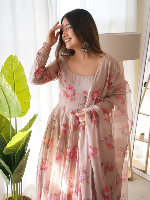 Elegant Dusty Hue Tabby Organza Silk Anarkali Set – Fully Stitched with Dupatta & Belt