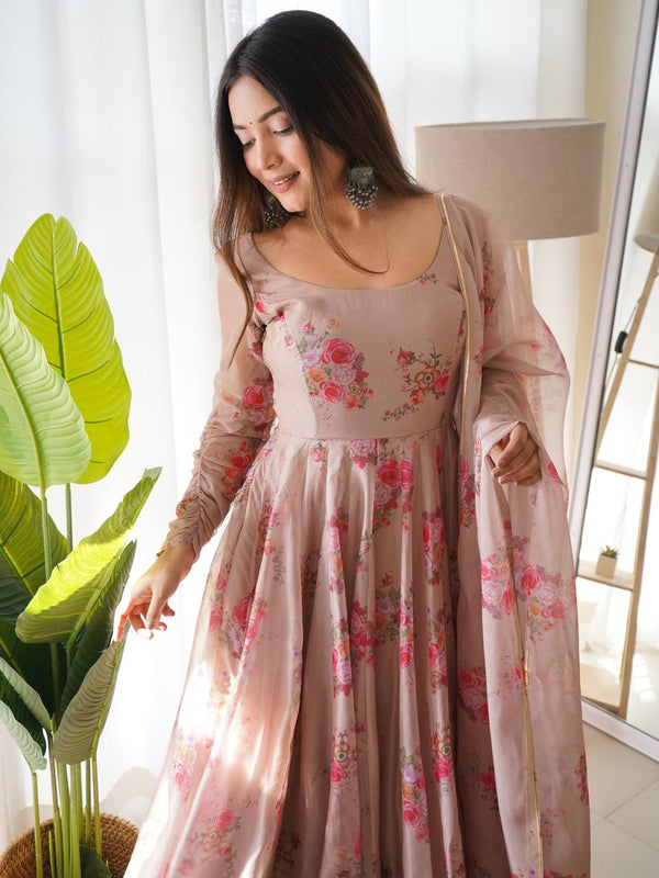 Elegant Dusty Hue Tabby Organza Silk Anarkali Set – Fully Stitched with Dupatta & Belt