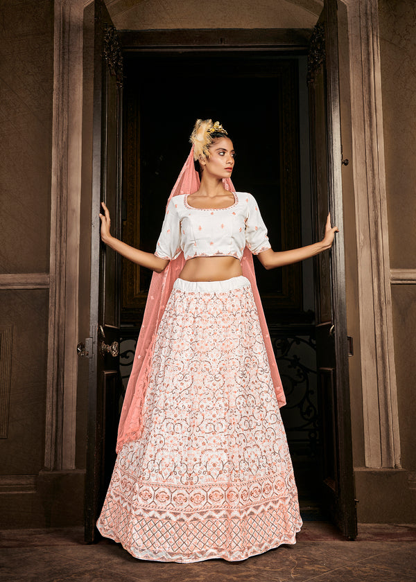Pearl White Georgette Lehenga with Sequin Embroidery Work And Net Dupatta
