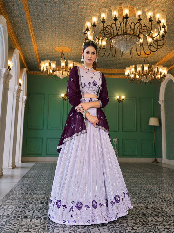 Lavender Georgette Semi-Stitched Lehenga for Women Thread with Sequence Embroidered Work
