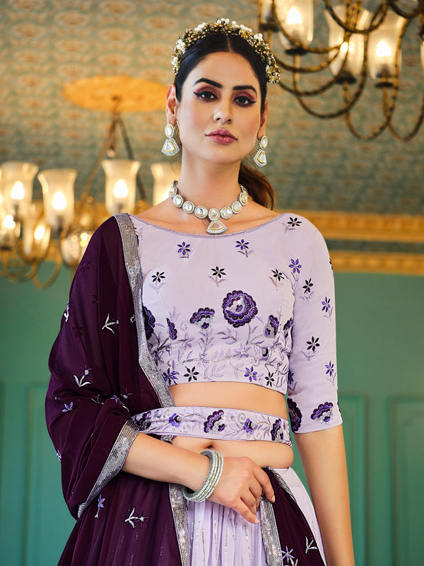 Lavender Georgette Semi-Stitched Lehenga for Women Thread with Sequence Embroidered Work