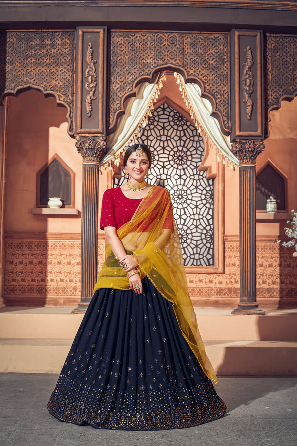 Navy Blue Georgette Lehenga with Thread & Sequin Embroidery And Net Dupatta