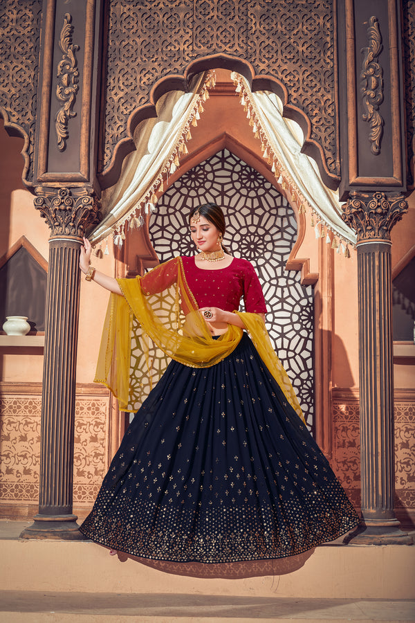 Navy Blue Georgette Lehenga with Thread & Sequin Embroidery And Net Dupatta