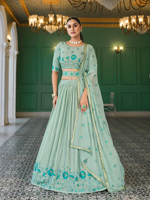 Pista Green Georgette Lehenga with Thread & Sequin Embroidery