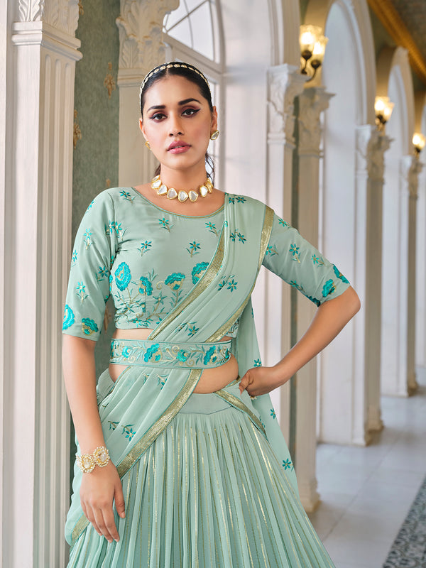 Pista Green Georgette Lehenga with Thread & Sequin Embroidery