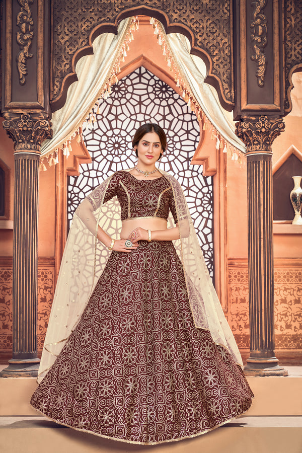 Deep Maroon & Beige Taffeta Silk Lehenga with Metallic Foil & Sequence Embroidery