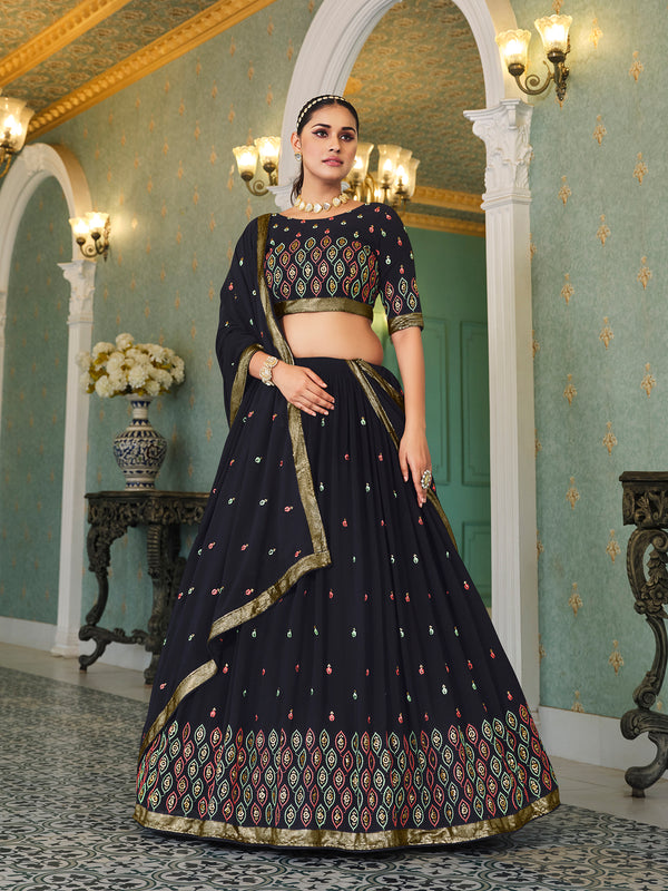 Navy Blue Georgette Lehenga with Thread And Sequin Embroidery
