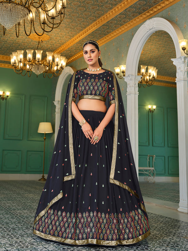 Navy Blue Georgette Lehenga with Thread And Sequin Embroidery