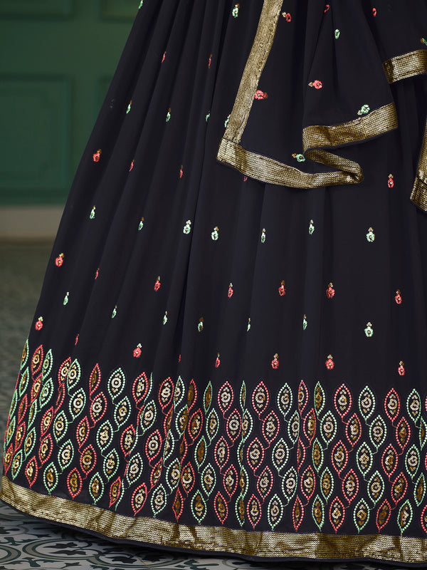 Navy Blue Georgette Lehenga with Thread And Sequin Embroidery