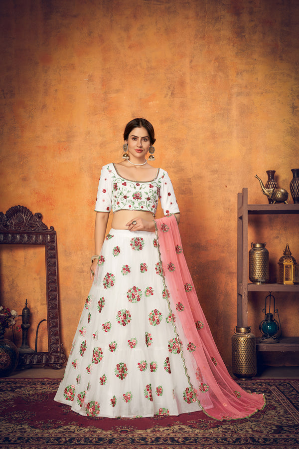 White Peach Net Lehenga with Thread & Sequence Embroidery Work And Net Dupatta