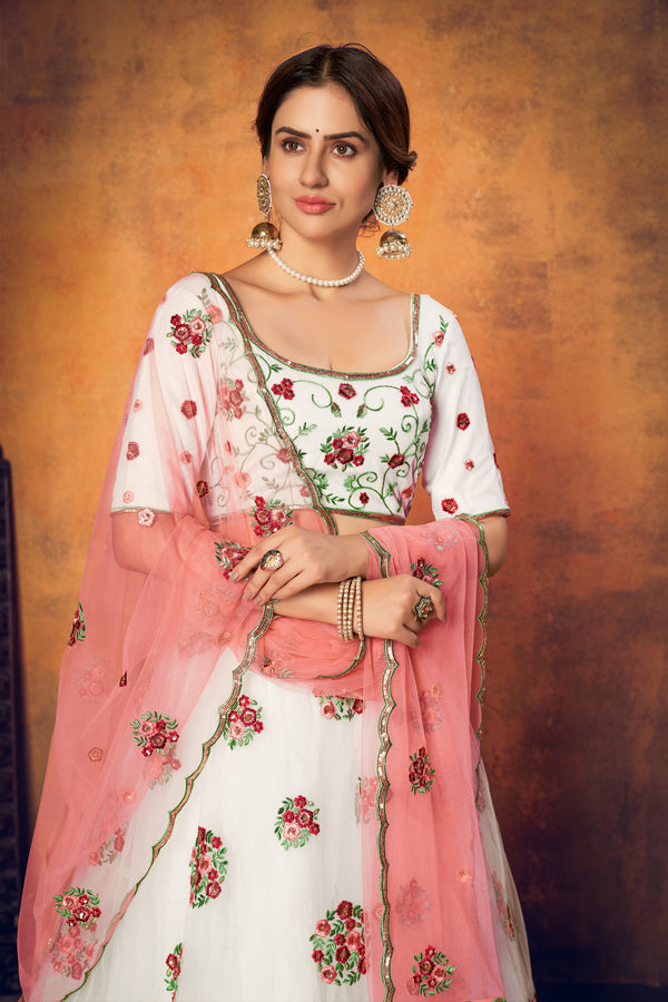 White Peach Net Lehenga with Thread & Sequence Embroidery Work And Net Dupatta