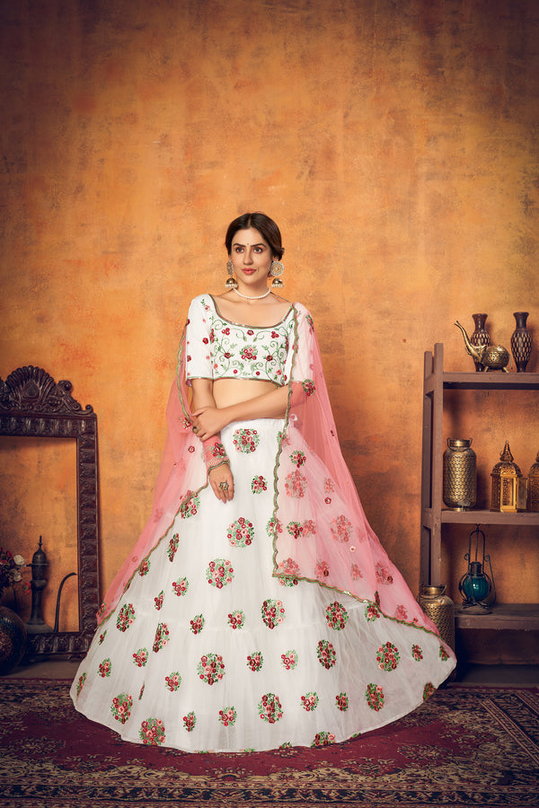 White Peach Net Lehenga with Thread & Sequence Embroidery Work And Net Dupatta