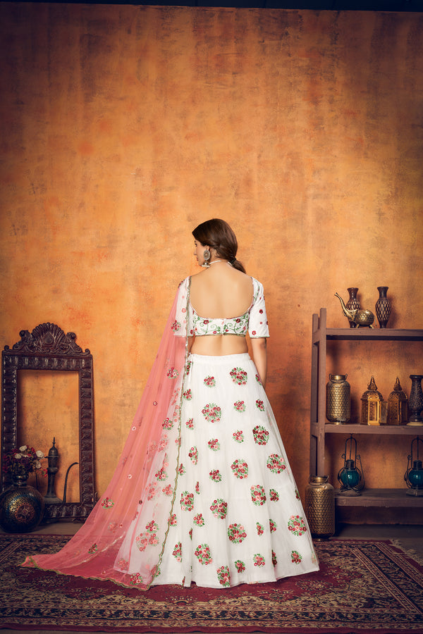 White Peach Net Lehenga with Thread & Sequence Embroidery Work And Net Dupatta