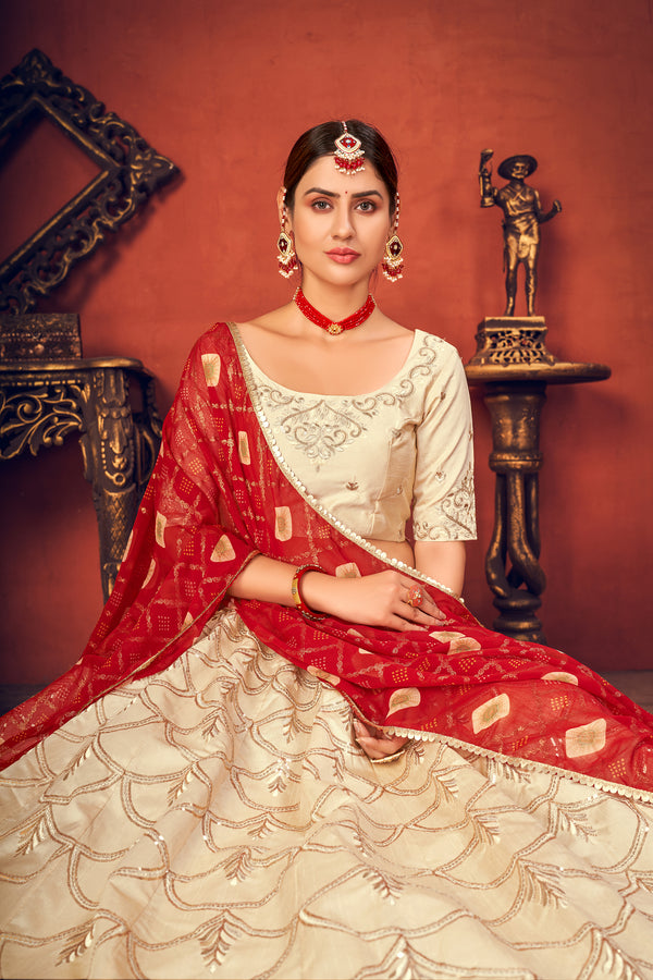 Beige Art Silk Lehenga with Thread & Sequence Embroidery and Foil Print Work