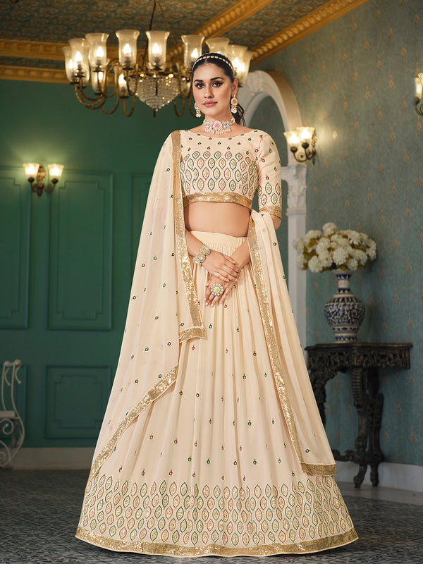 Elegant Beige Georgette Lehenga with Thread & Sequin Embroidery