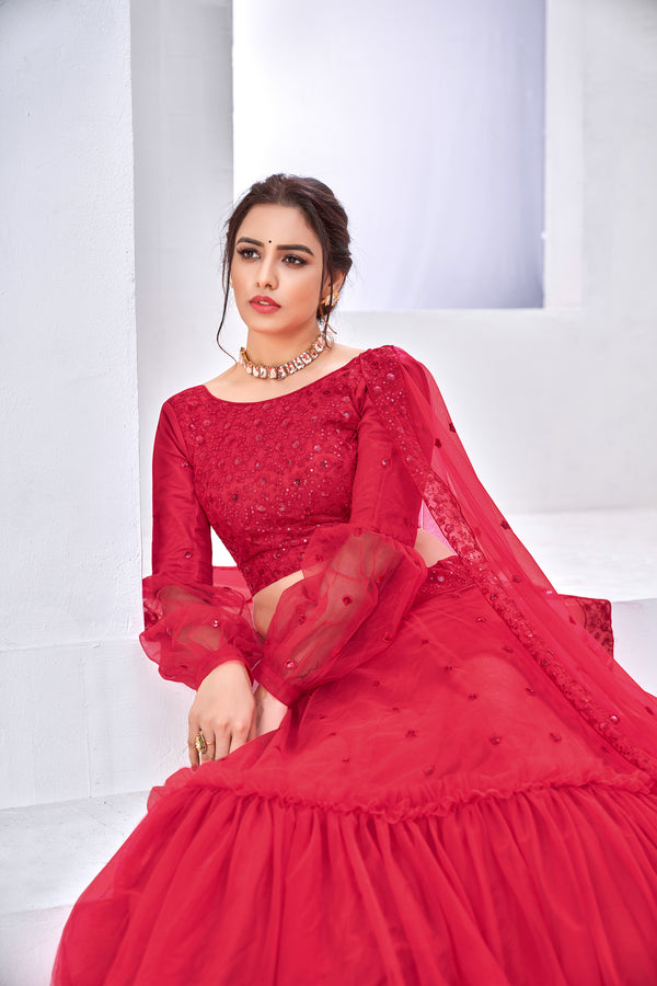 Rani Pink Net Lehenga with Thread & Sequence Embroidery